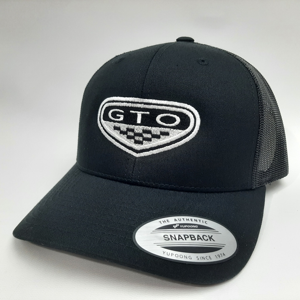 Pontiac GTO Embroidered Curved Bill Mesh Snapback Hat Black Trucker